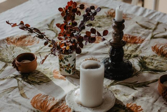 Autumn candles and foliage to represent a fall kitchen