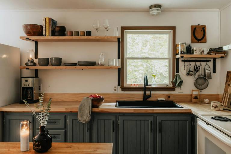 open shelving in a kitchen