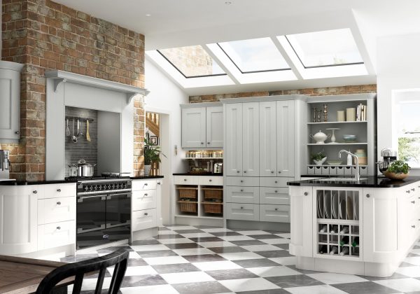 A modern kitchen with checkered floor