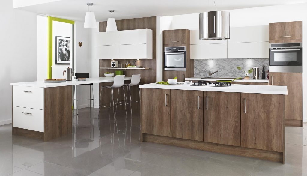 kitchen with walnut cabinets to show one of the top kitchen trends of 2020