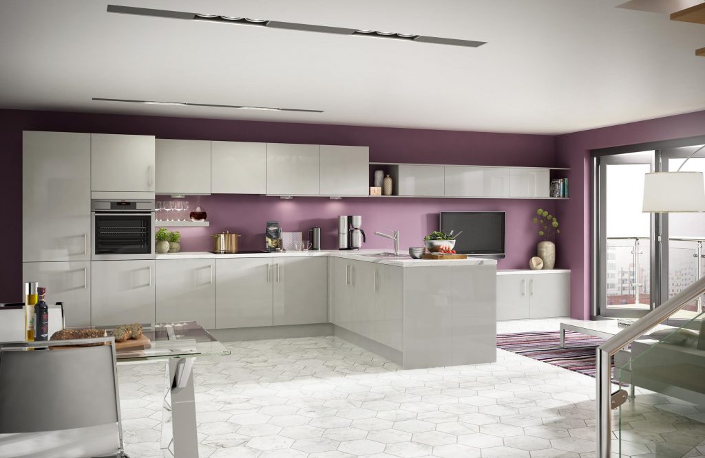a modern  kitchen with glossy cabinet doors