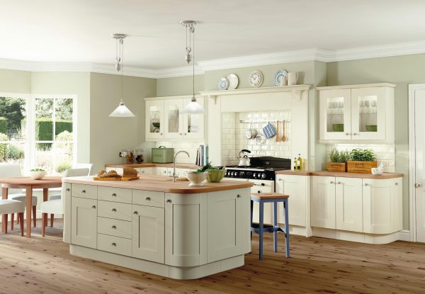 An ivory kitchen with an island