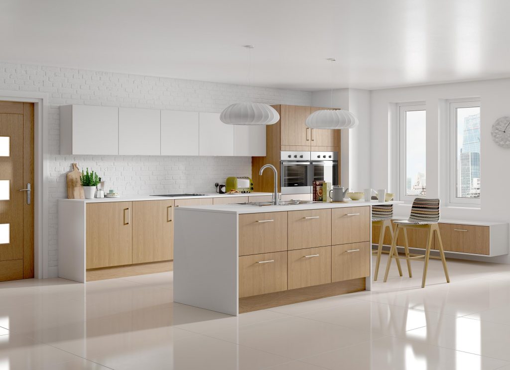 a kitchen with oak and white kitchen cabinet door styles