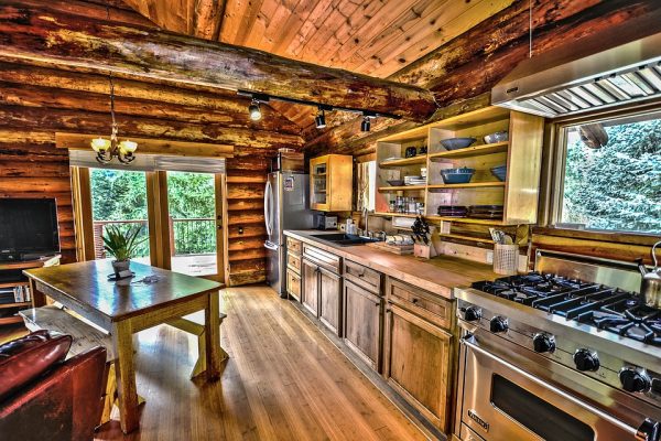 A kitchen in a log cabin