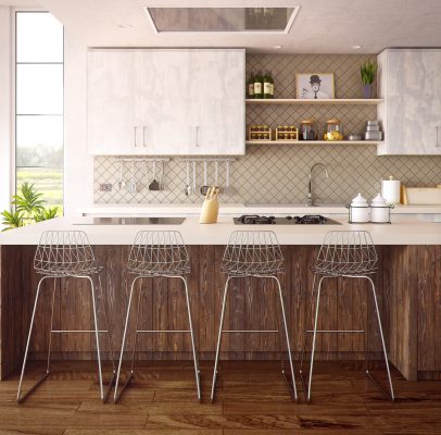 A kitchen with utensils hanging on the wall