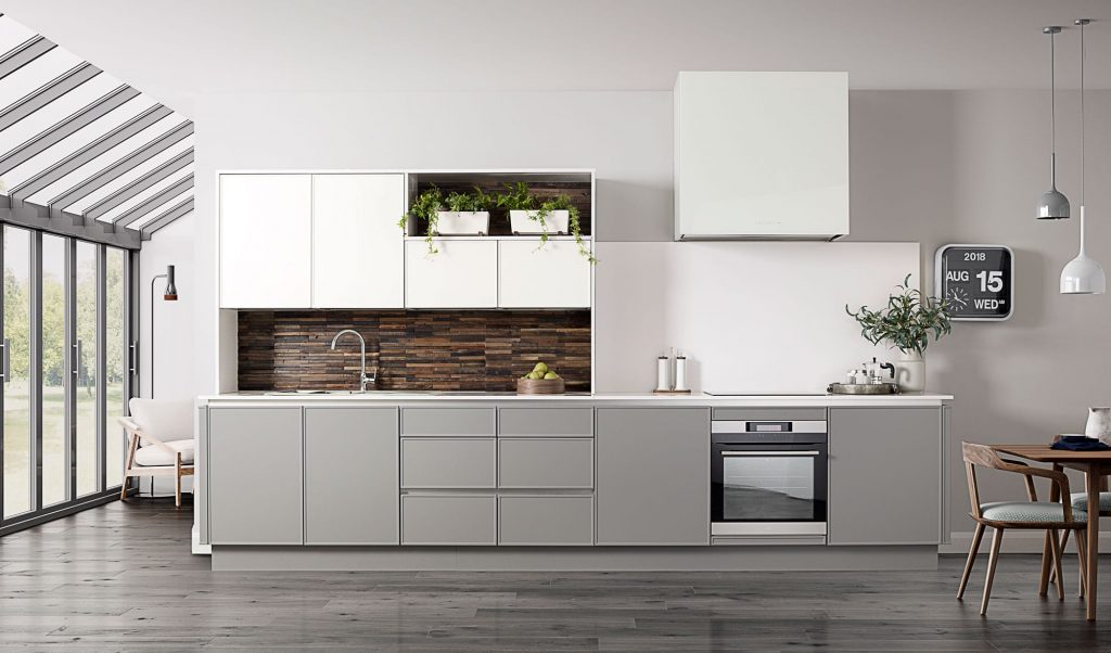 a grey and white kitchen